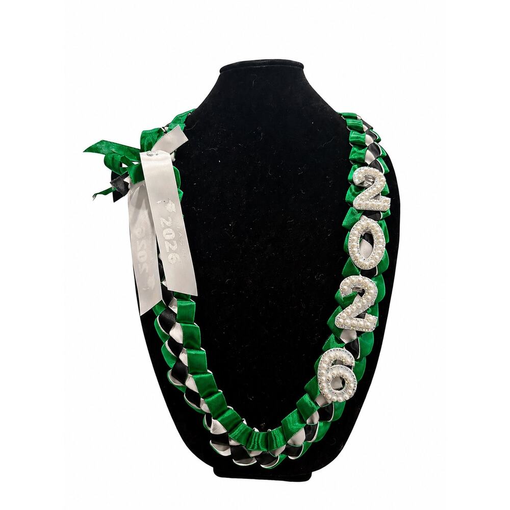 Class of 2026 Graduation Lei with Bling Beaded 2026 Red Black White Ribbon Lei